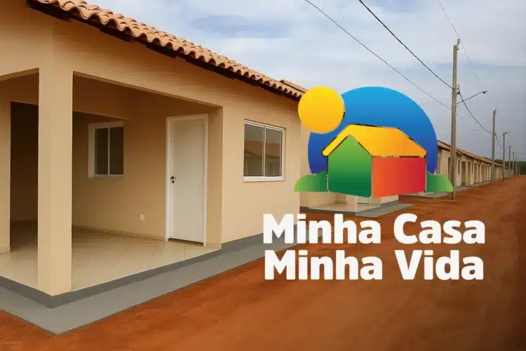 Row of light‑tan houses with tiled roofs along a dirt road; foreground shows the 'Minha Casa Minha Vida' logo with colorful house graphic.