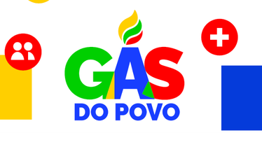 Logo for 'GAS DO POVO' with green G, blue A, red S and a flame above; colorful, abstract background shapes surrounding the text.